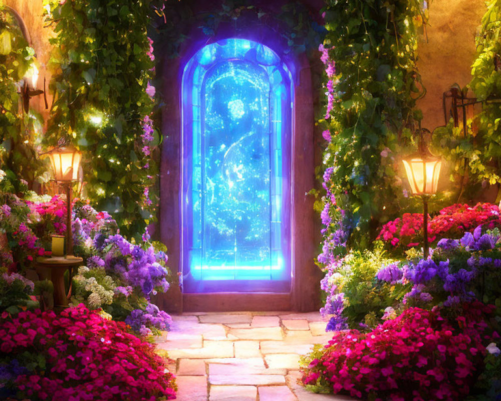 Mystical arched doorway with glowing blue light and colorful flowers