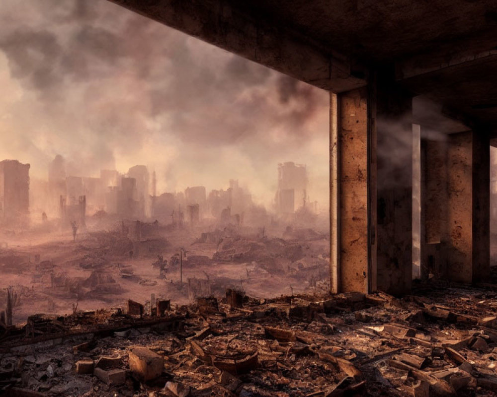 Devastated post-apocalyptic cityscape with smoke and ruins.