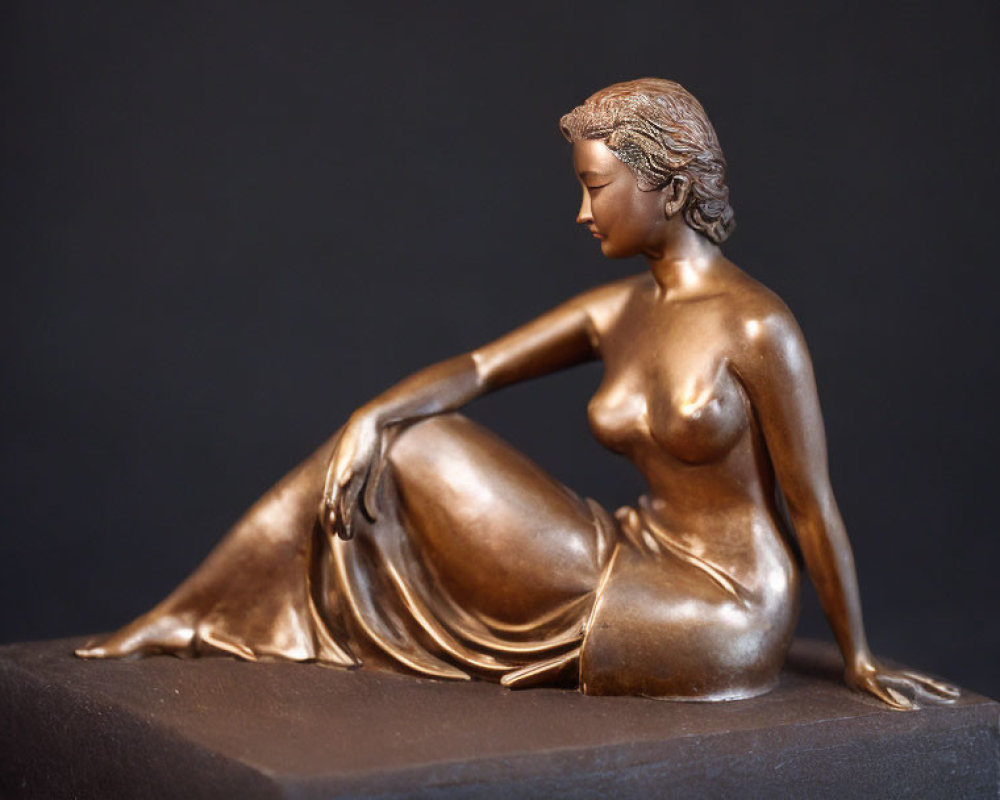 Seated Nude Woman Bronze Sculpture on Rectangular Plinth