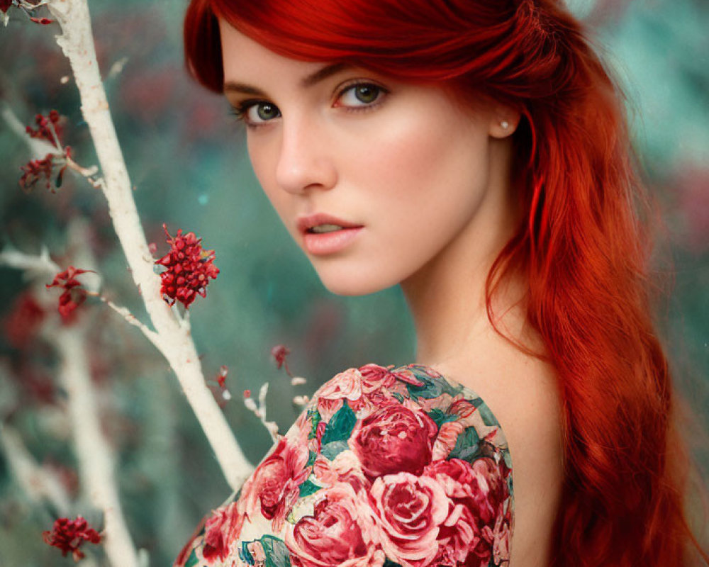 Vibrant red-haired woman in floral dress among red flowers