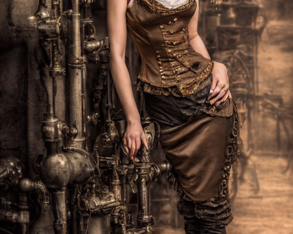 Steampunk woman in corset, skirt, and hat by intricate pipes