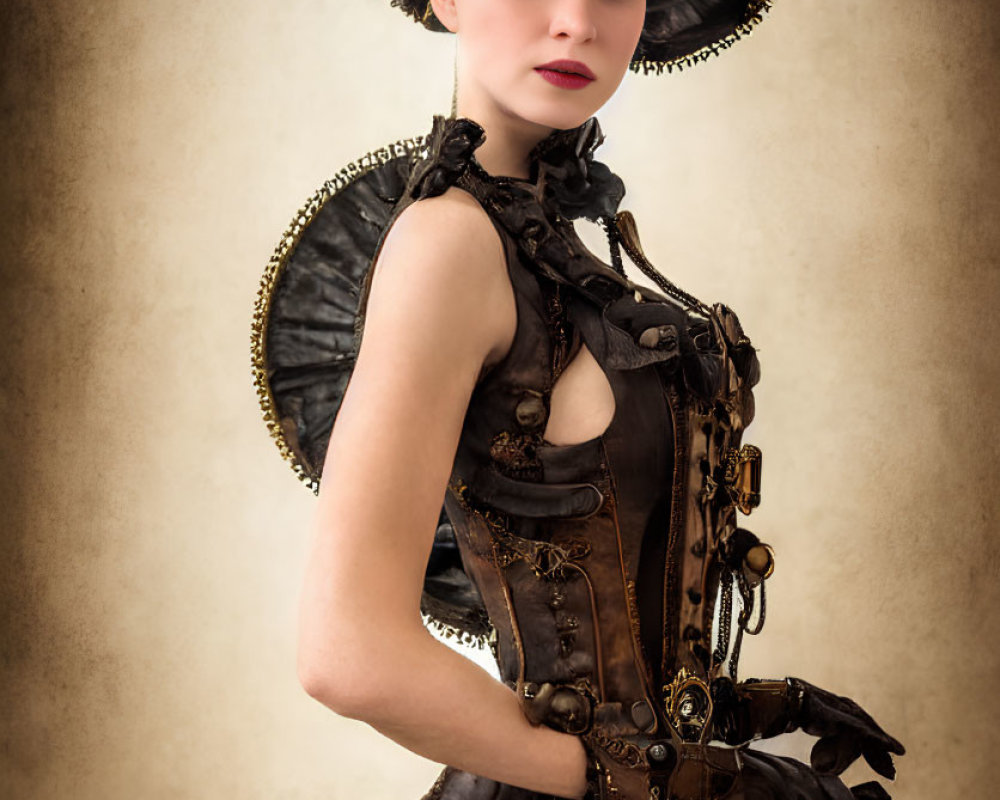 Elaborate Steampunk Attire with Gears Top Hat Woman Portrait