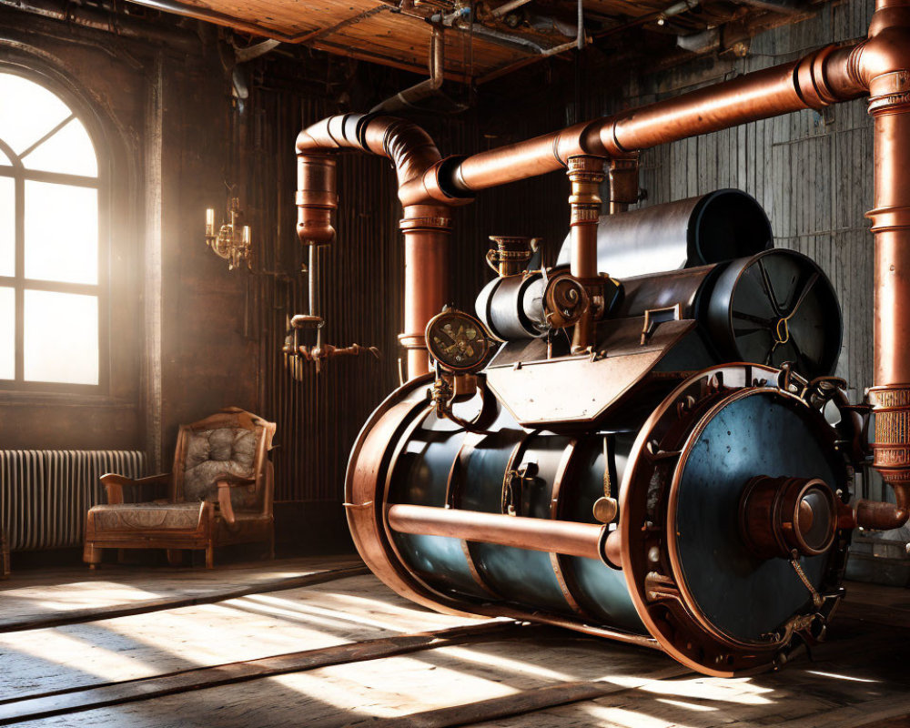 Vintage Steam Engine in Rustic Room with Wooden Walls and Sunlit Window