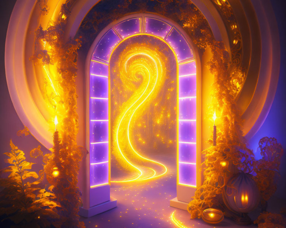 Fantasy Archway with Swirling Golden Patterns and Purple Portal