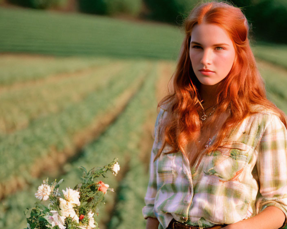 Red-haired woman in plaid shirt and jeans standing in green field with white flowers