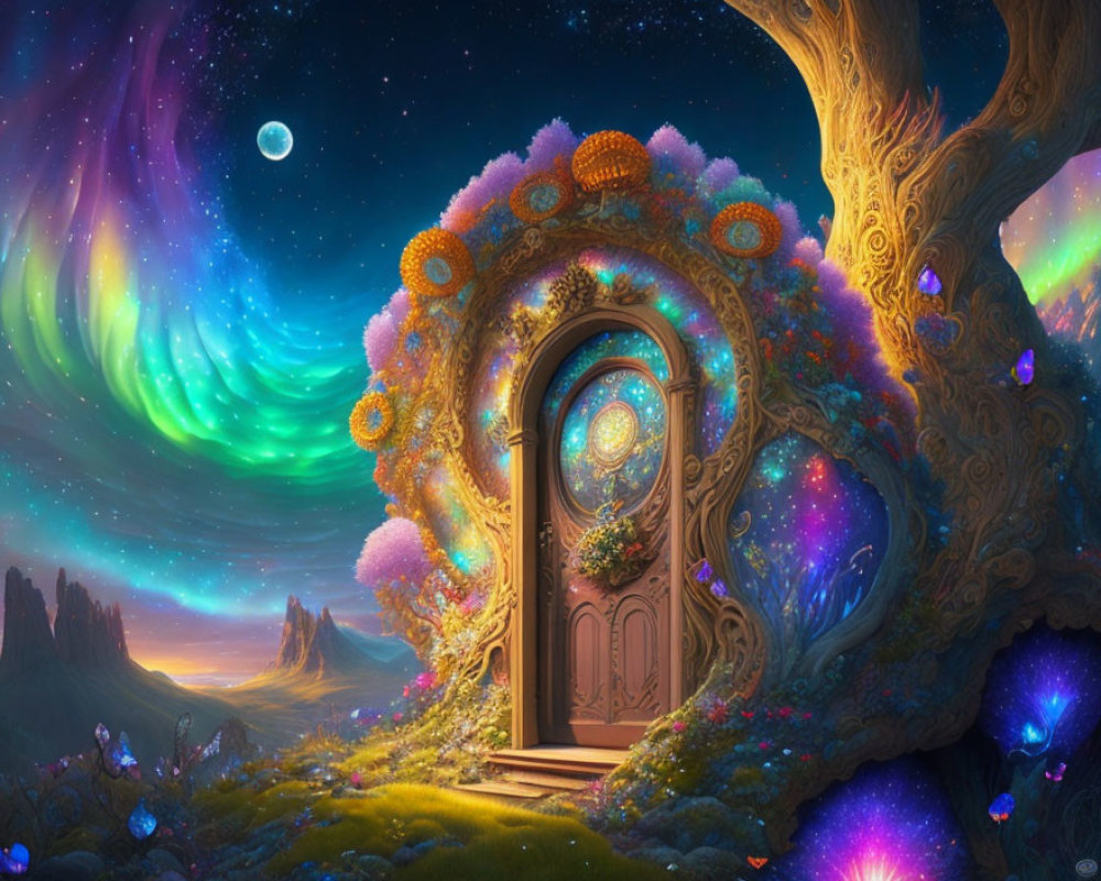 Enchanting tree with door, luminous flowers, colorful night sky, aurora borealis,