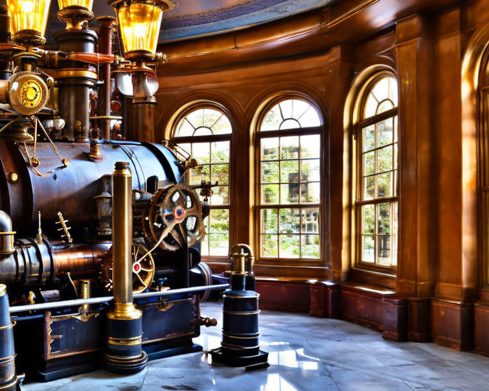 Vintage machine and brass gears in ornate room with arched windows and sunlight.