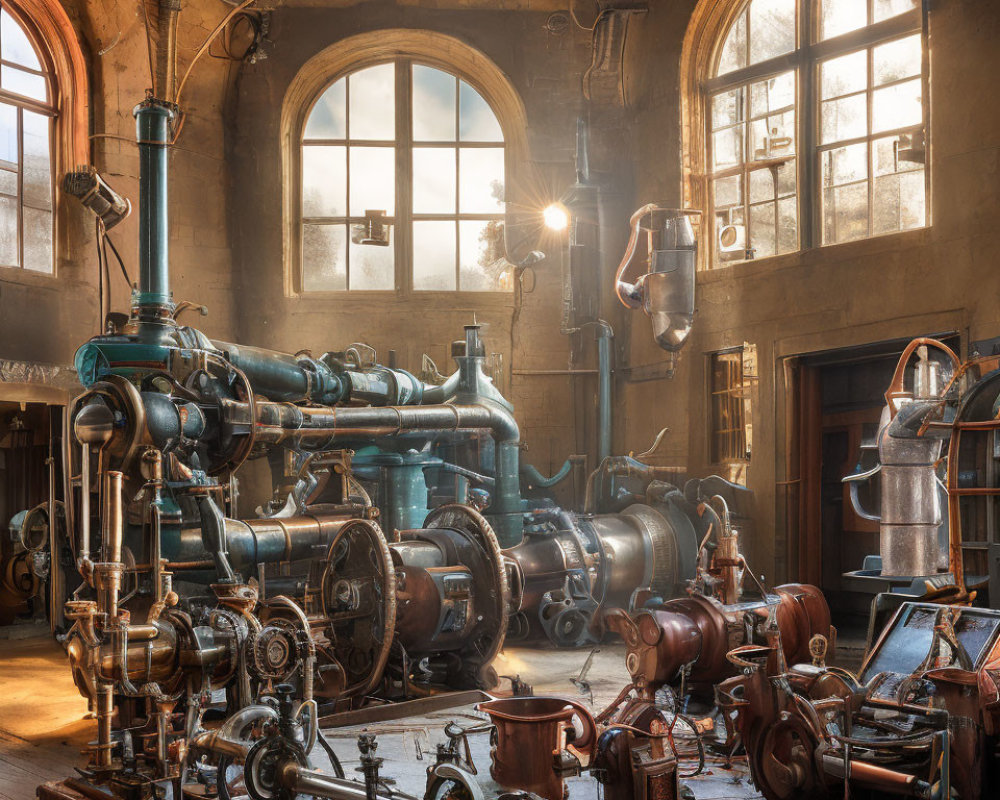 Vintage machinery and pipes in dusty workshop with sunlight streaming through windows