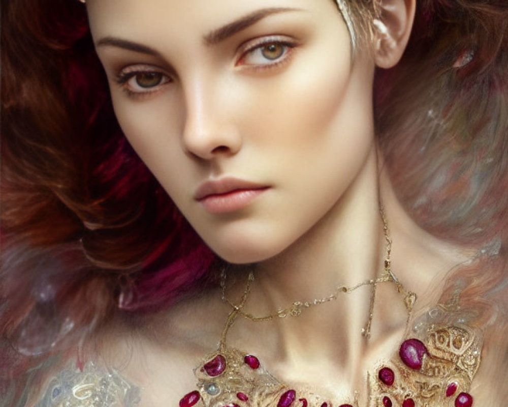 Regal woman with golden crown and red gems, auburn hair, soft background