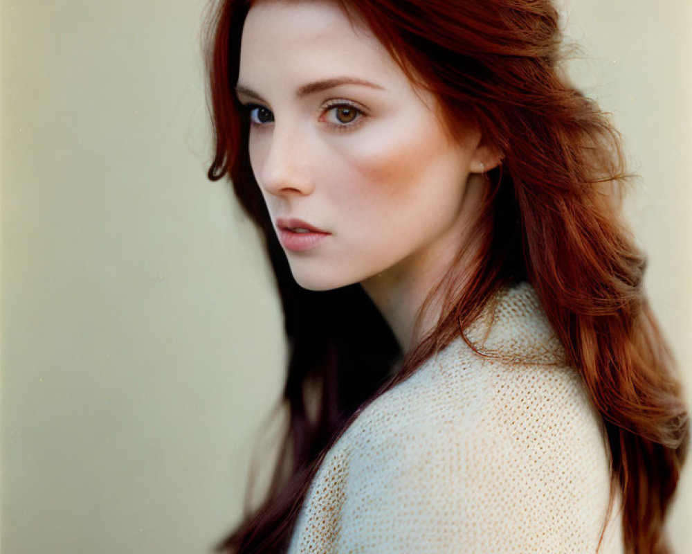 Long red hair woman with fair skin looking over shoulder on beige background