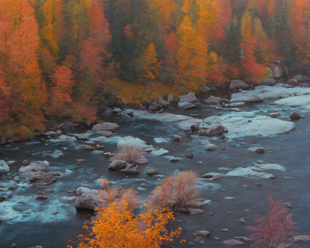 Tranquil autumn river in colorful forest at dusk