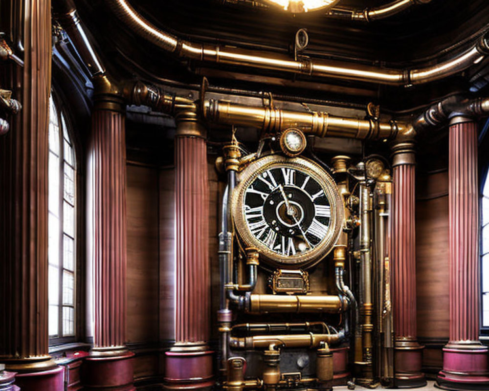 Luxurious Steampunk-Themed Room with Brass Pipes and Grand Clock