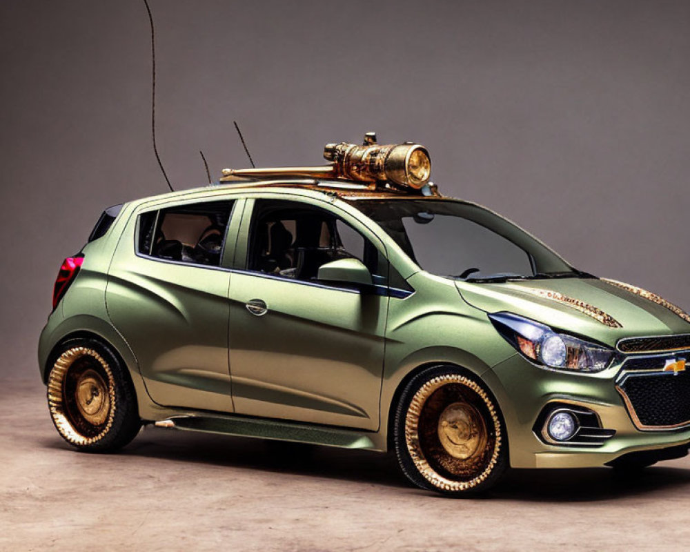 Customized Green Chevrolet Car with Gold Wheels and Antique Brass Telescope on Roof