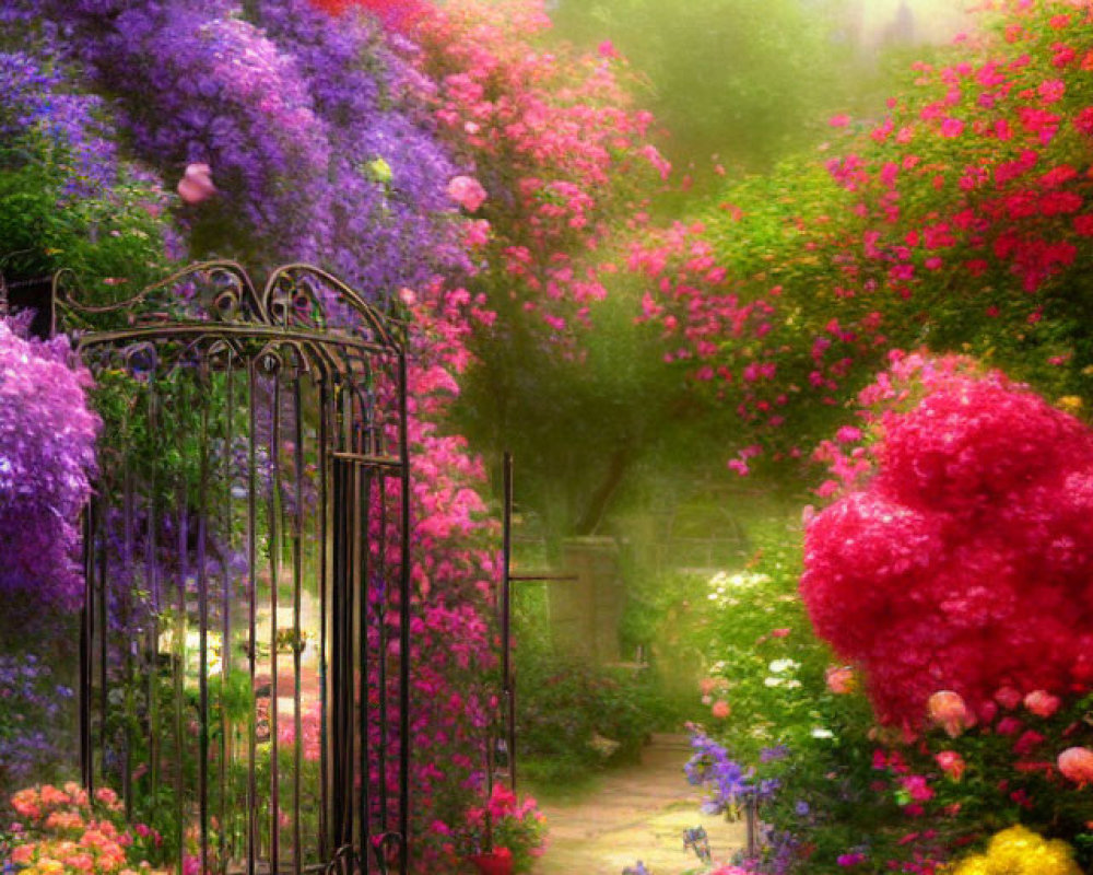 Colorful Flower-Lined Garden Path with Wrought Iron Gate