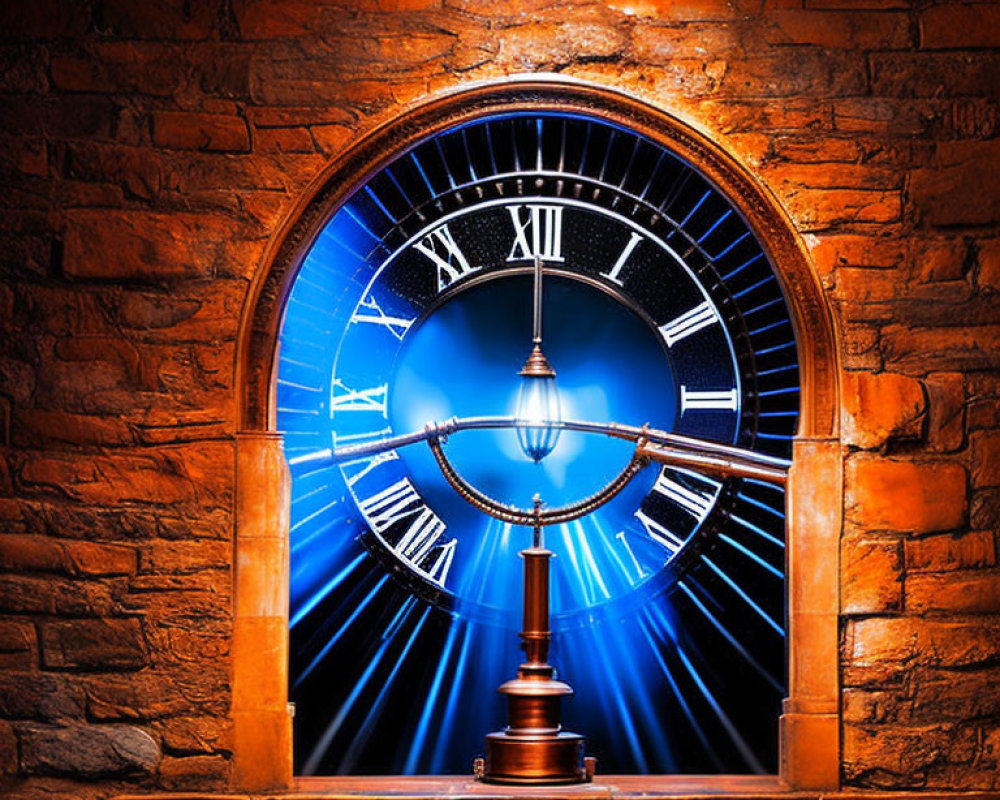 Blue Roman Numerals Clock Shining Through Arched Brick Wall Window