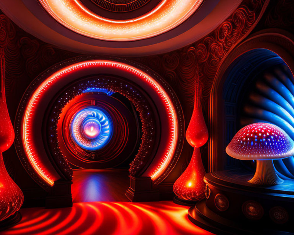 Neon-lit surreal interior with mushroom-shaped lamps and illuminated circular tunnel