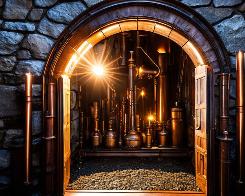 Curved wooden door leading to room with stone walls and gleaming metallic pipes