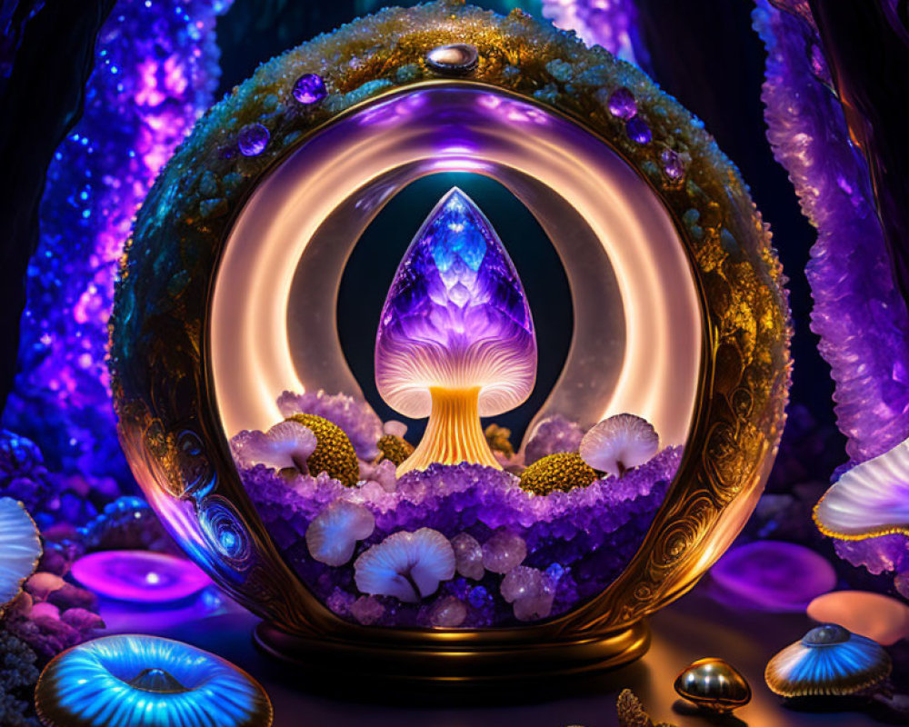 Glowing purple crystal in mystical geode with colorful mushrooms