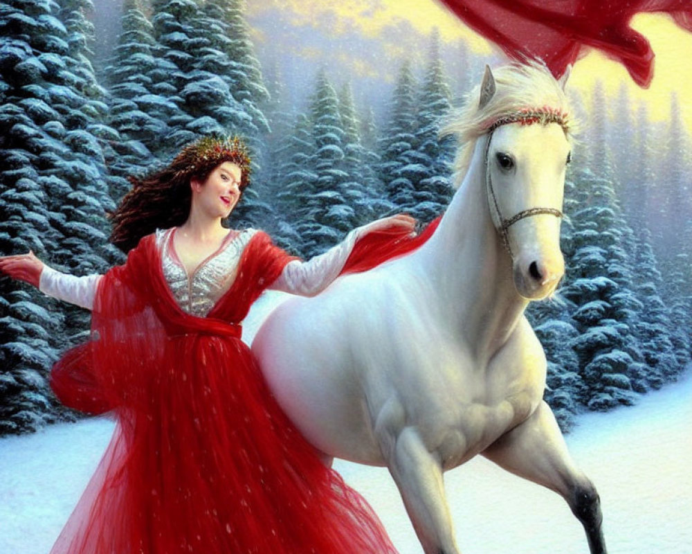 Woman in red dress dances with white horse in snowy forest