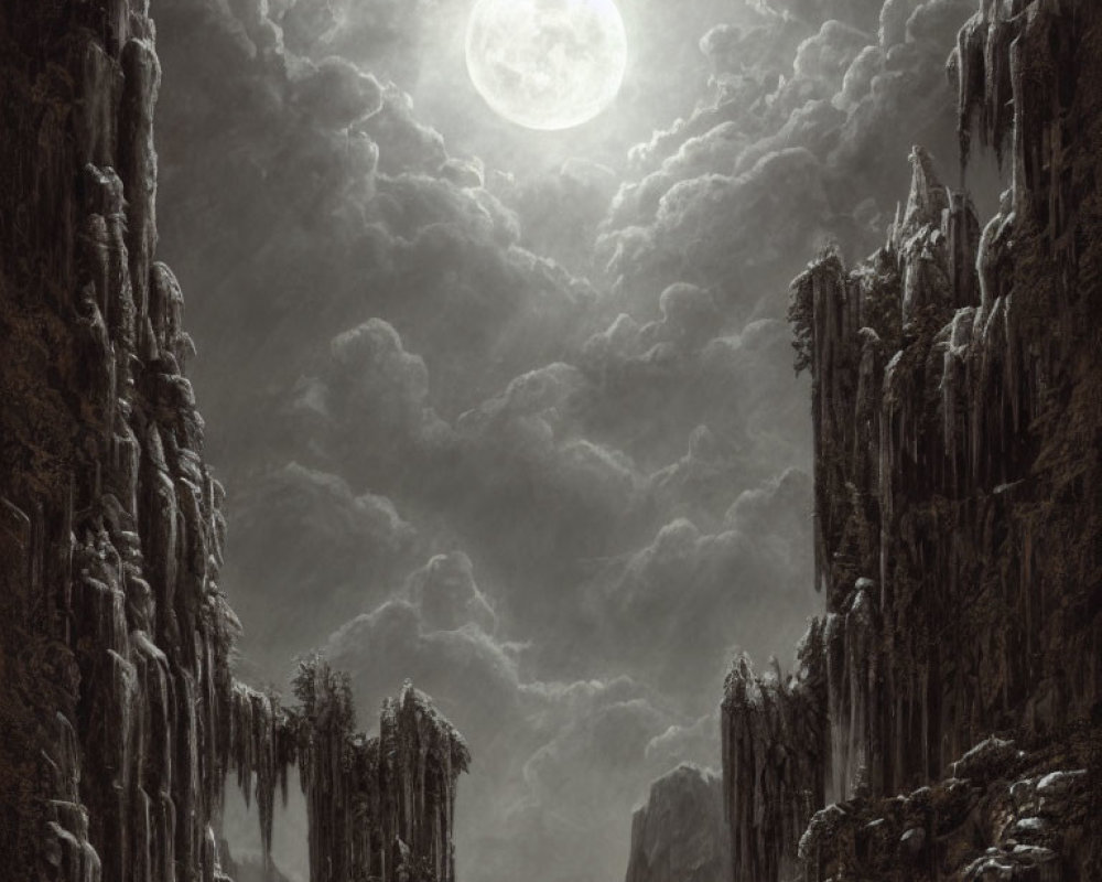 Full Moon Over Foreboding Landscape with Towering Cliffs