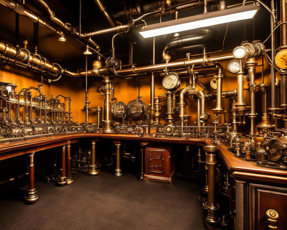 Steampunk-themed room with polished brass pipes and intricate machinery