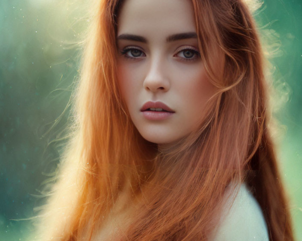 Red-haired woman portrait with intense gaze on soft green background