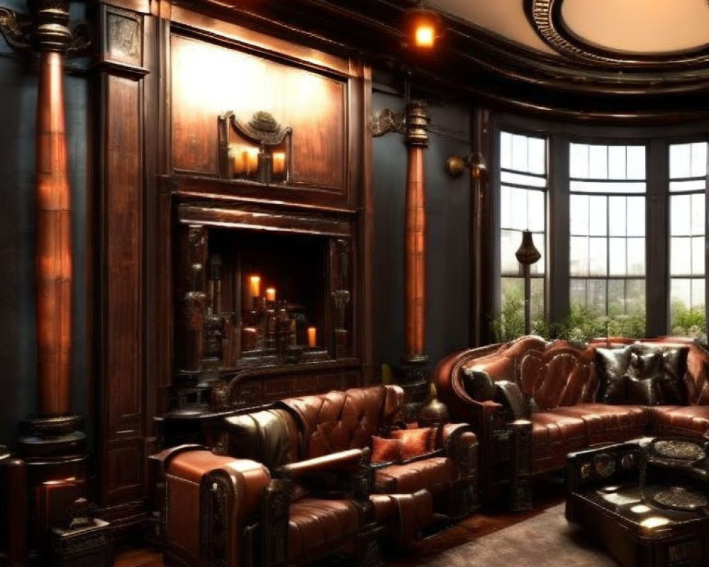 Classic Study with Leather Sofas, Wooden Walls, Large Windows, Fireplace & Vintage Lighting