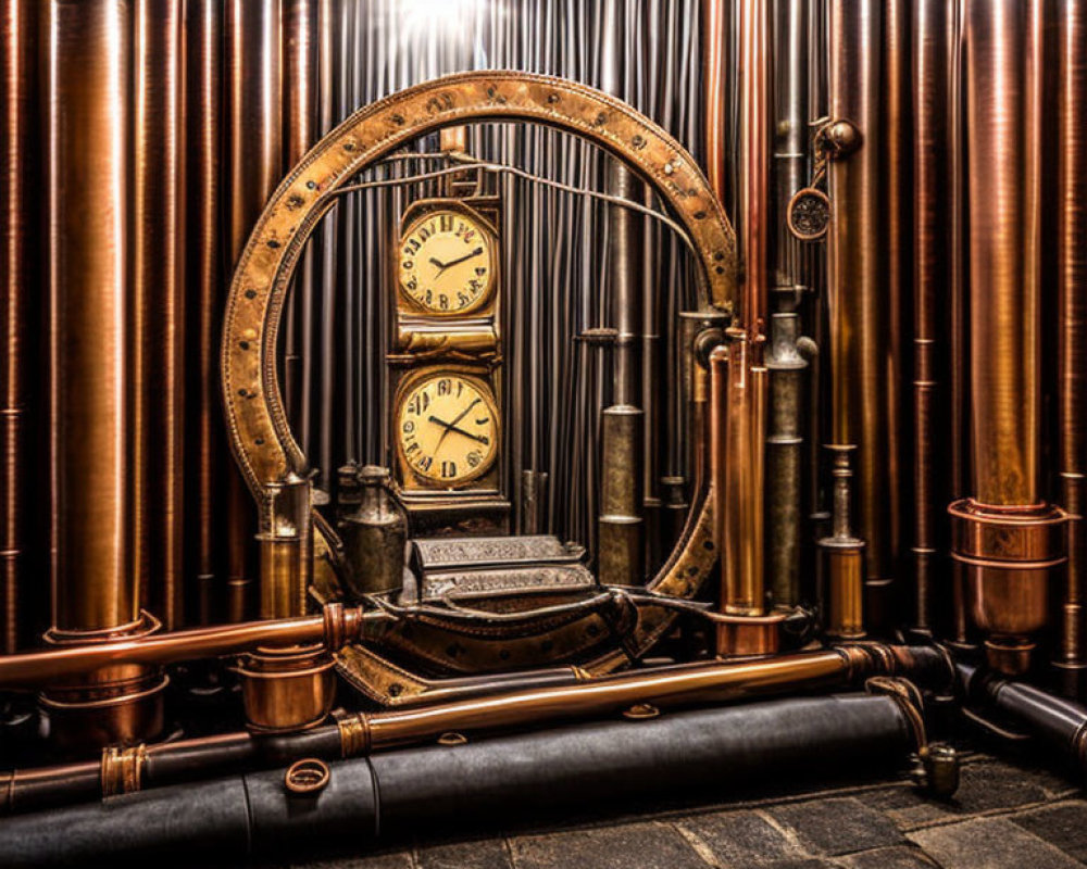 Steampunk-themed room with copper pipes, vintage clock, gear-shaped frame, and typewriter under