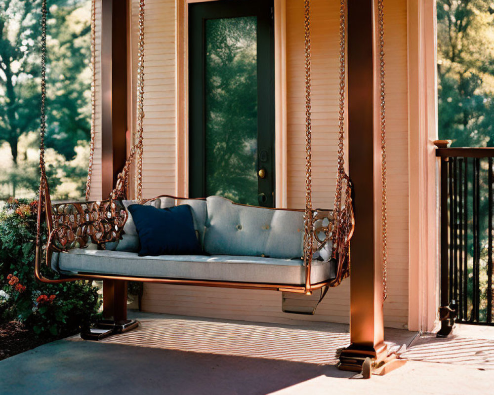 Cushioned Swing Bench on Porch Overlooking Trees