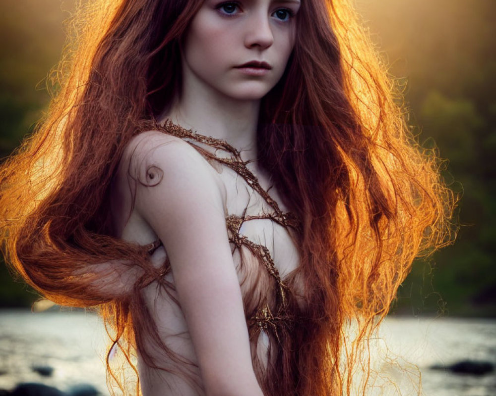 Red-haired woman adorned with earthy vines poses outdoors at dusk