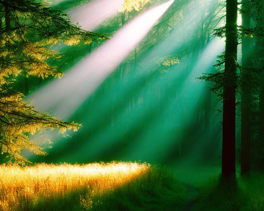 Sunbeams Illuminate Misty Forest Trail