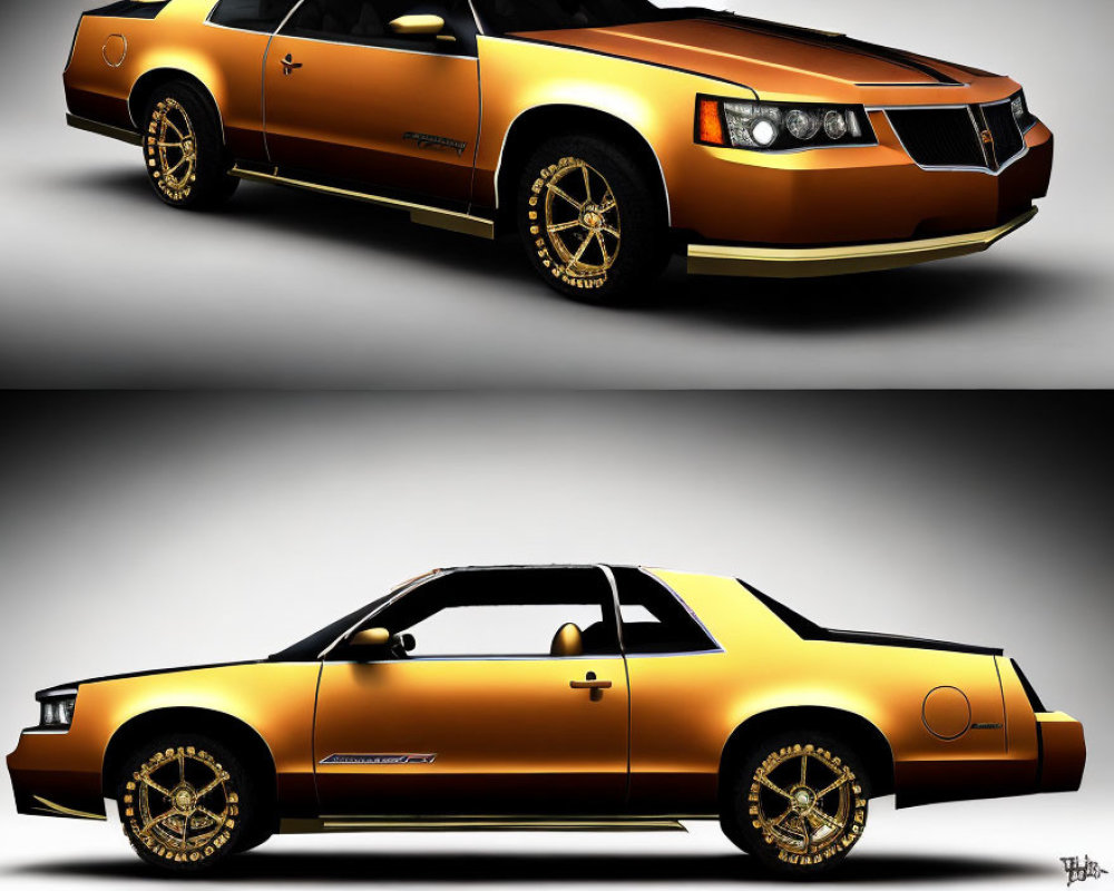 Customized Golden Sports Car with Black Hood and Prominent Rims