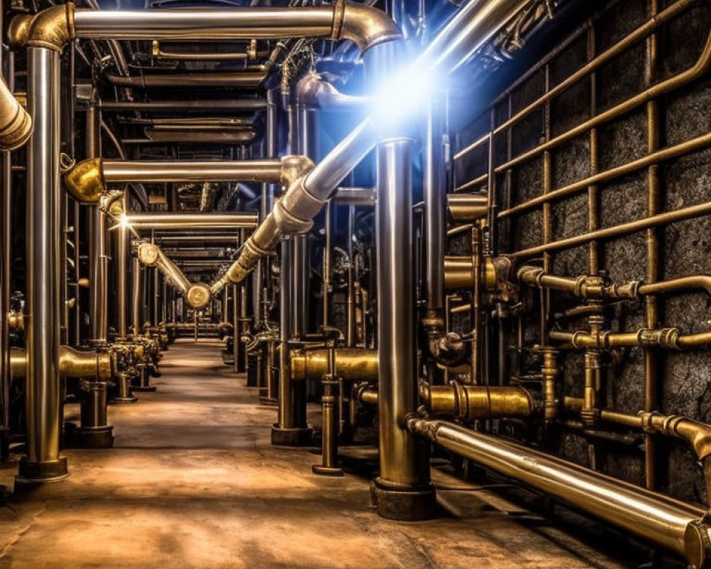 Sci-fi industrial scene with glossy metal pipes and valves under bright lights