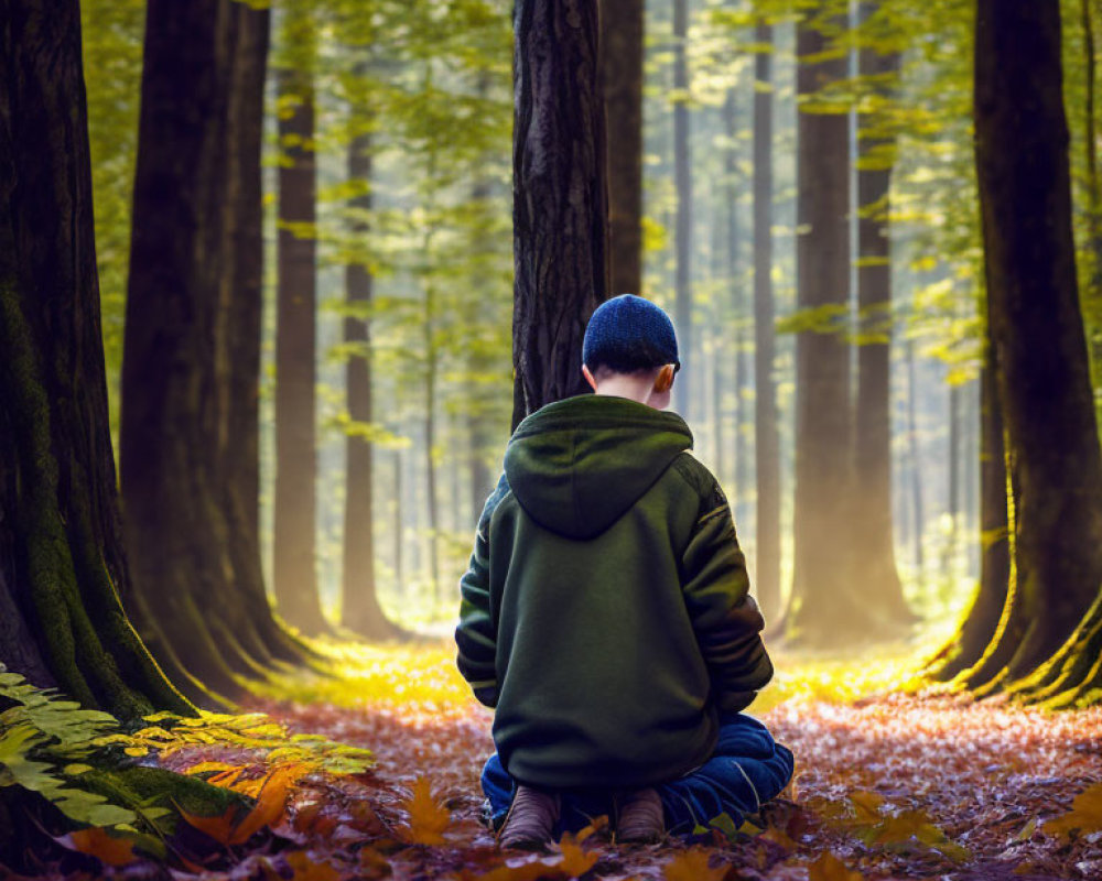 Person in Green Hoodie and Beanie Sitting in Serene Forest