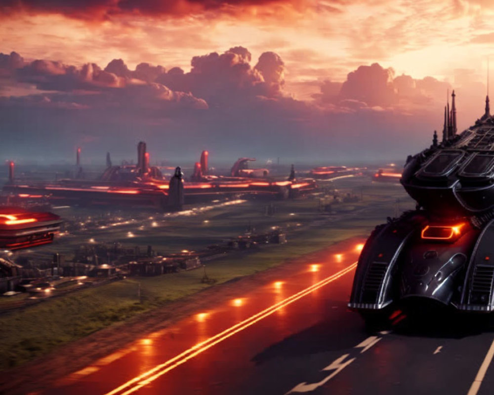 Futuristic cityscape at sunset with red lights, sleek buildings, and dramatic cloudscape