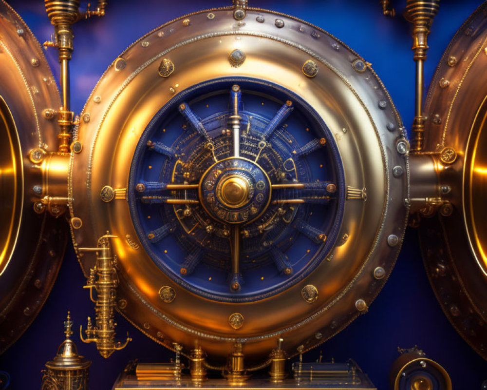 Intricate Steampunk-Style Vault Door with Brass Gears on Blue Background