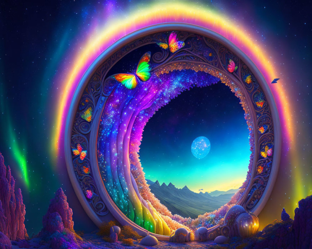 Circular cosmic portal digital artwork with mountain landscape, butterflies, starry sky.