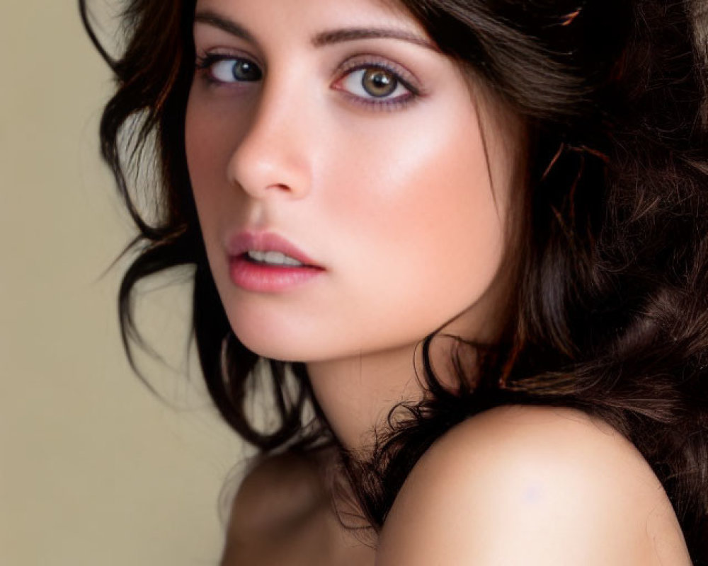 Portrait of Woman with Long Wavy Brown Hair and Blue Draped Shoulders