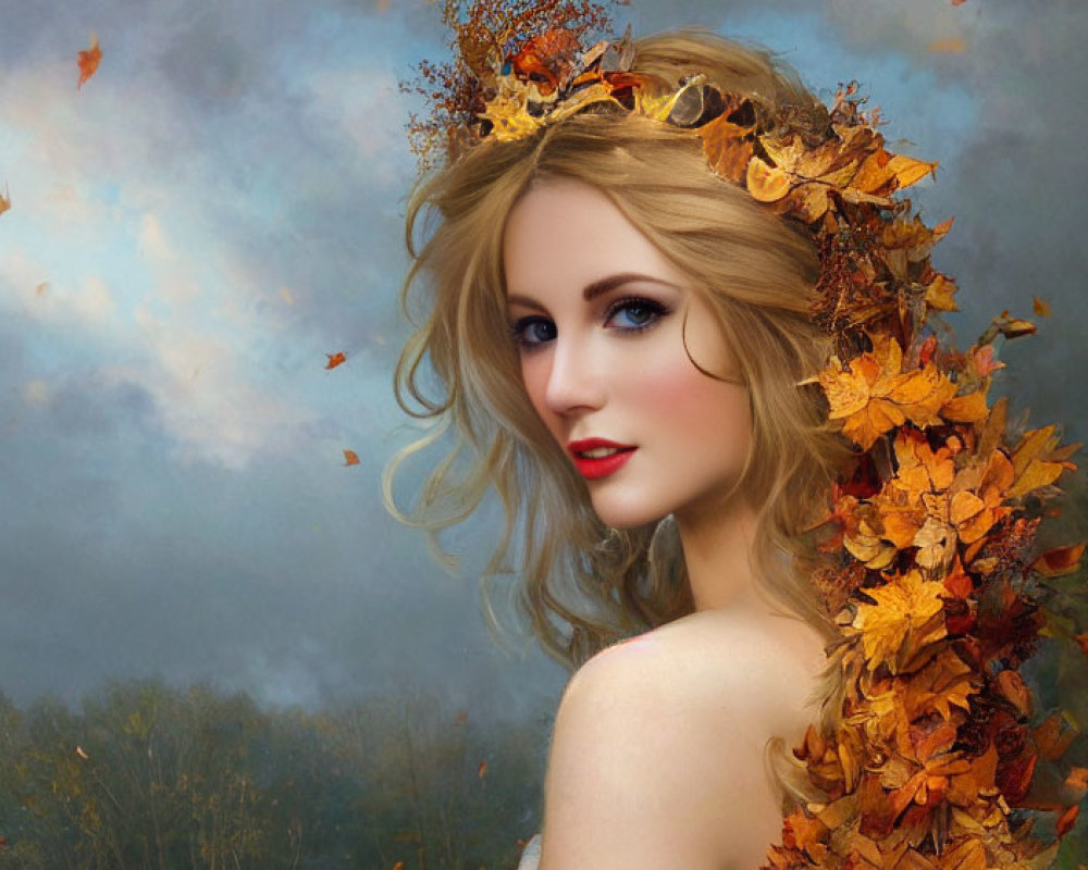 Woman adorned with autumn leaves in hair and cloak, against cloudy blue sky.