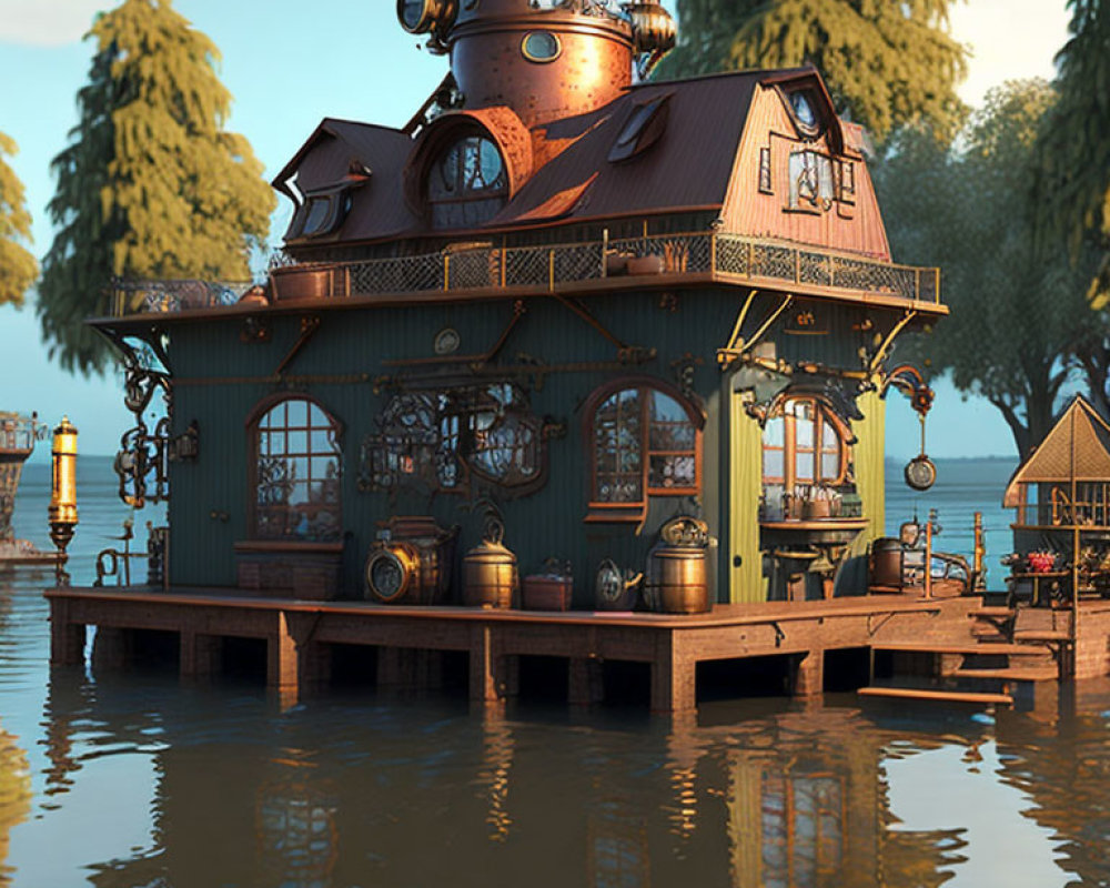 Victorian-style two-story houseboat on calm water with trees and clear sky