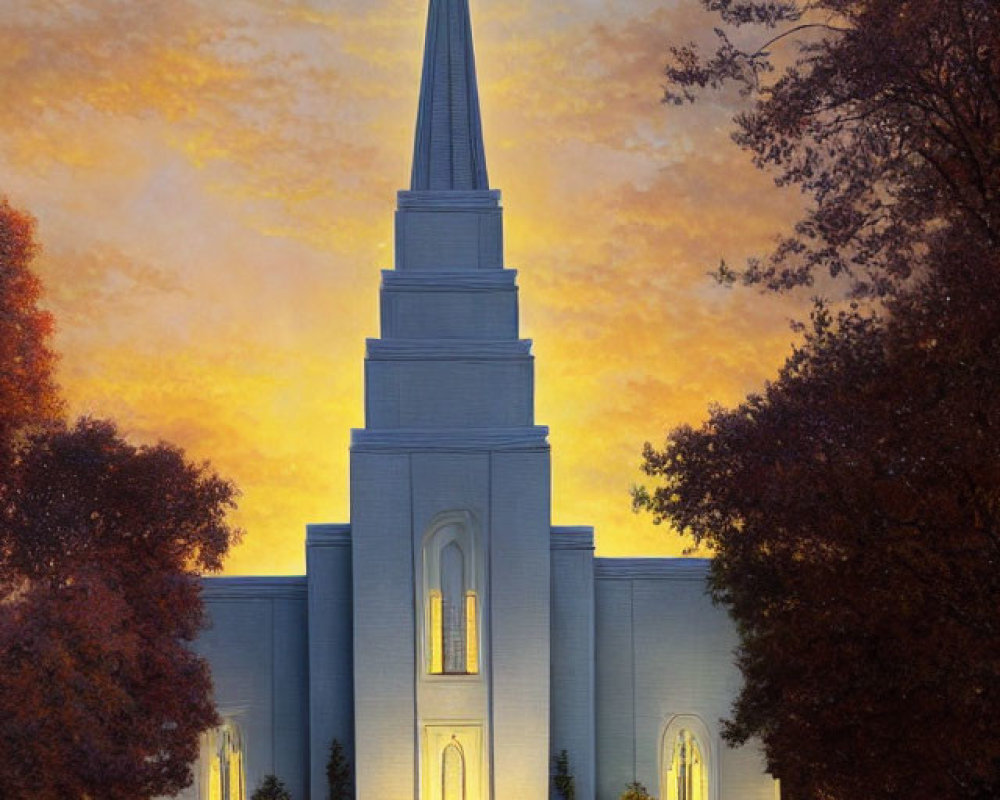 Church with Tall Spire and Gold Cross in Sunset Garden Setting