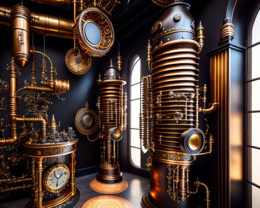 Opulent Steampunk-Themed Room with Brass Pipes & Vintage Clocks