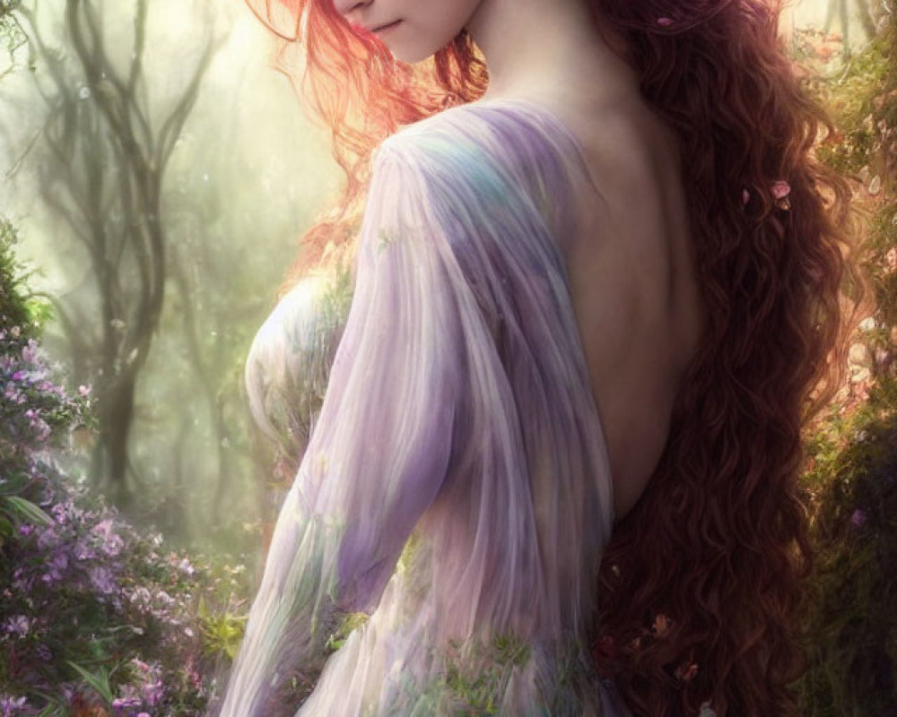 Red-haired woman with pointed ears in pastel gown in blooming forest