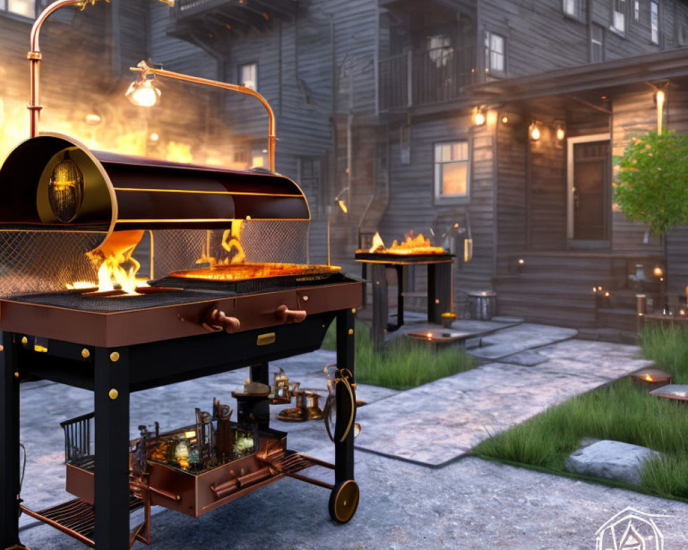 Realistic 3D-rendered outdoor barbecue scene with flaming grill and patio area