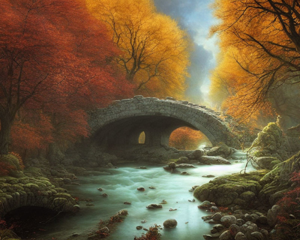 Stone bridge over tranquil river with autumn trees under soft light