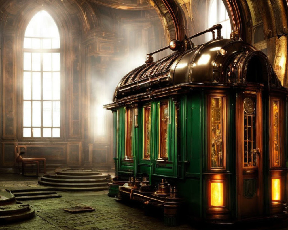 Vintage Green Ornate Kiosk in Grand Room with Arched Windows