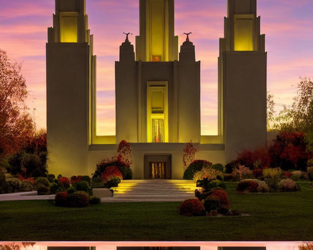 Temple with tall spires at sunset reflected in water