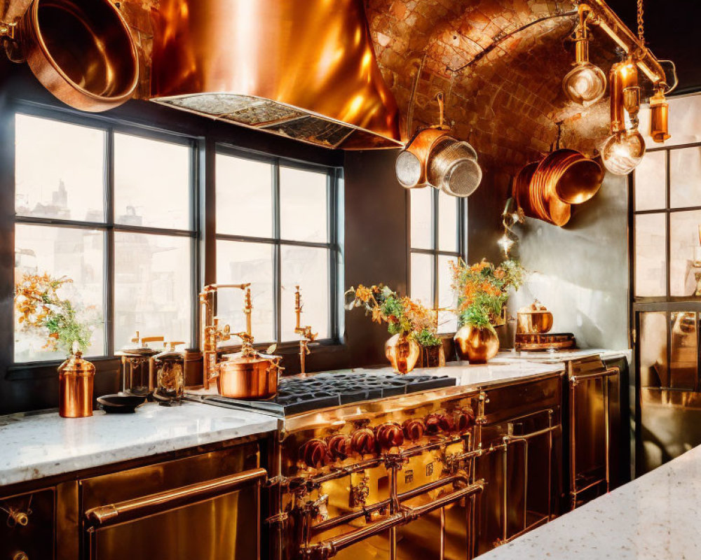 Modern kitchen design with copper accents, large windows, and warm lighting