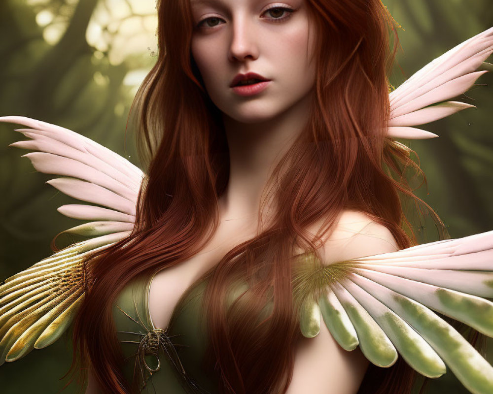 Fantasy image: Woman with red hair and bird wings in forest.