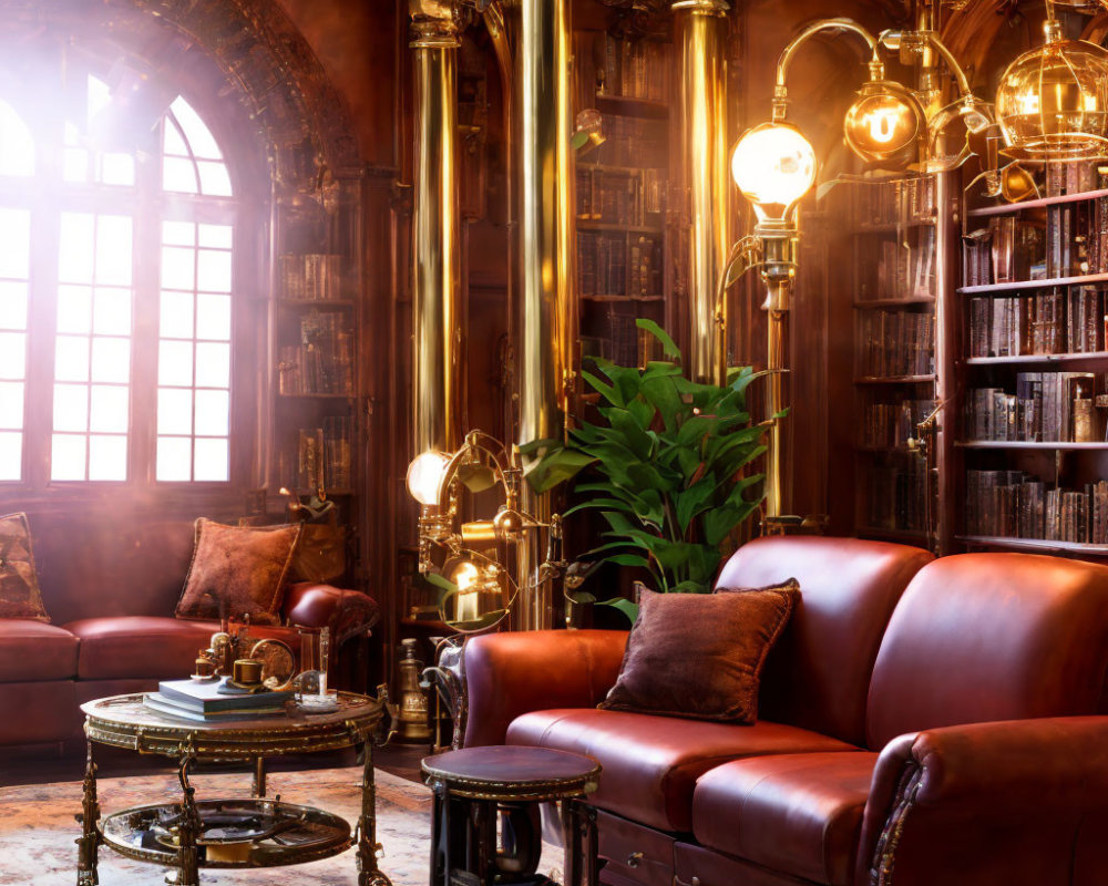 Vintage library with leather sofas, brass telescope, glowing lamps, wooden shelves, and tall plant.